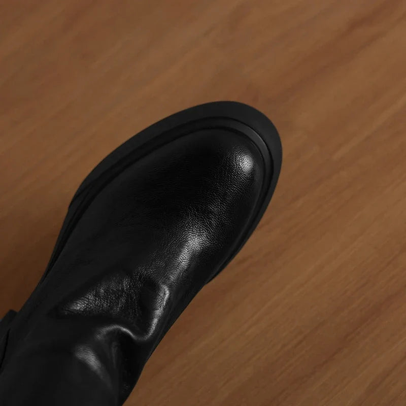 Women's autumn and winter round toe and calf mid heel zipper thick soled elastic leather short Boots