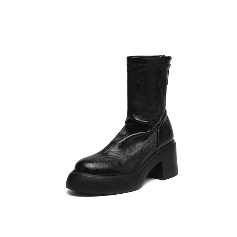Women's autumn and winter round toe and calf mid heel zipper thick soled elastic leather short Boots