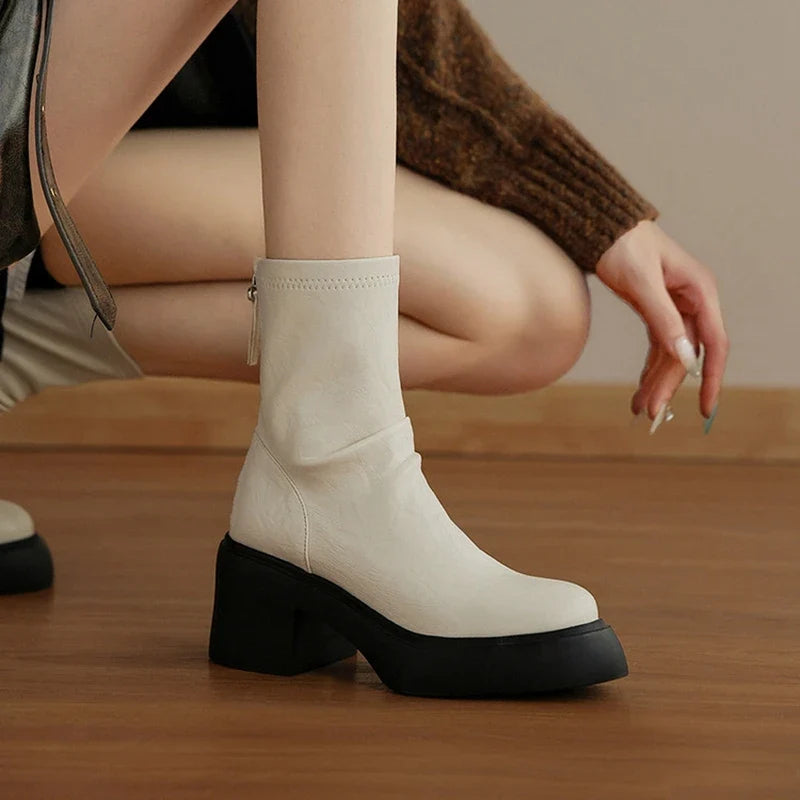 Women's autumn and winter round toe and calf mid heel zipper thick soled elastic leather short Boots
