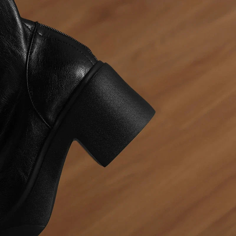 Women's autumn and winter round toe and calf mid heel zipper thick soled elastic leather short Boots