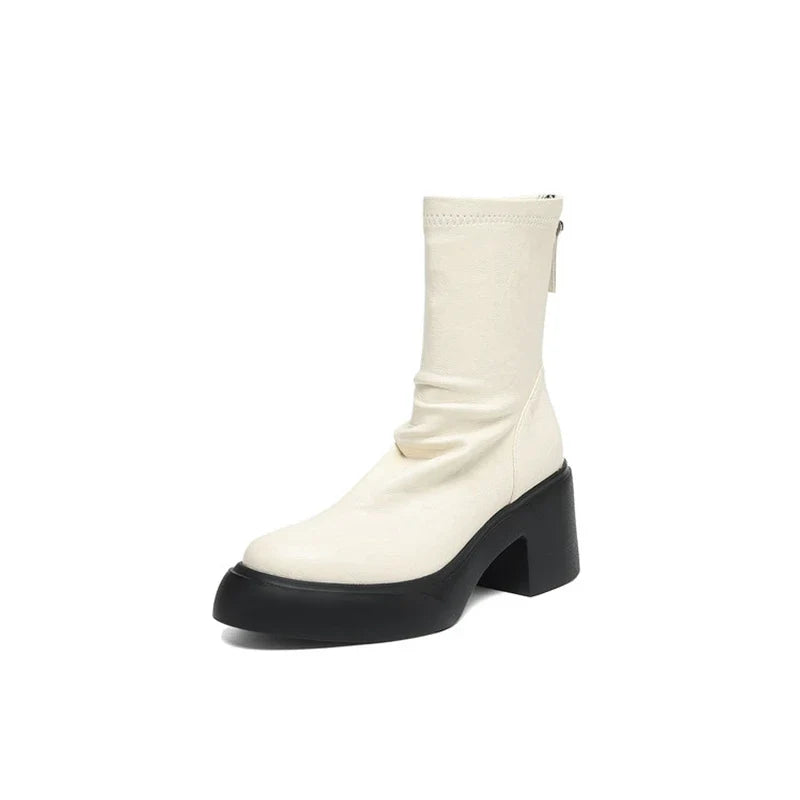 Women's autumn and winter round toe and calf mid heel zipper thick soled elastic leather short Boots