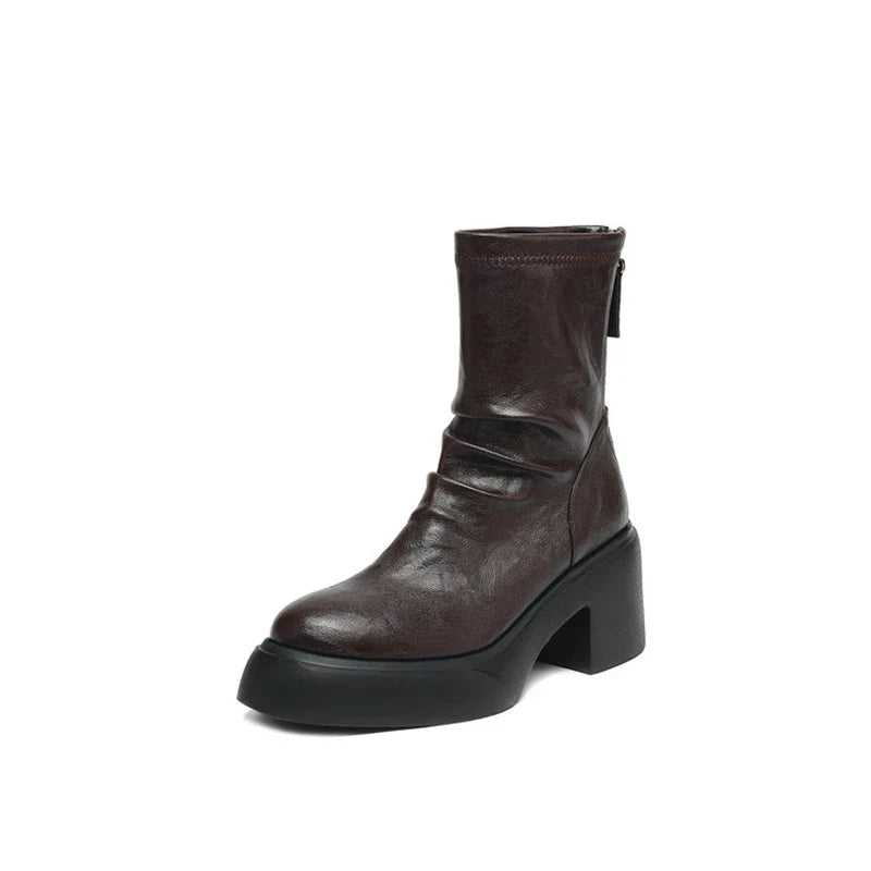 Women's autumn and winter round toe and calf mid heel zipper thick soled elastic leather short Boots