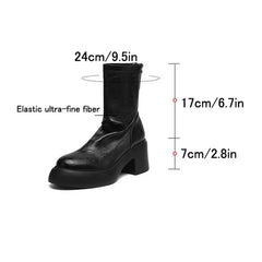 Women's autumn and winter round toe and calf mid heel zipper thick soled elastic leather short Boots