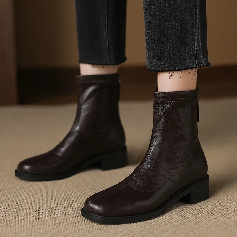 Women's autumn and winter round toe and calf zipper elastic leather retro short Boots