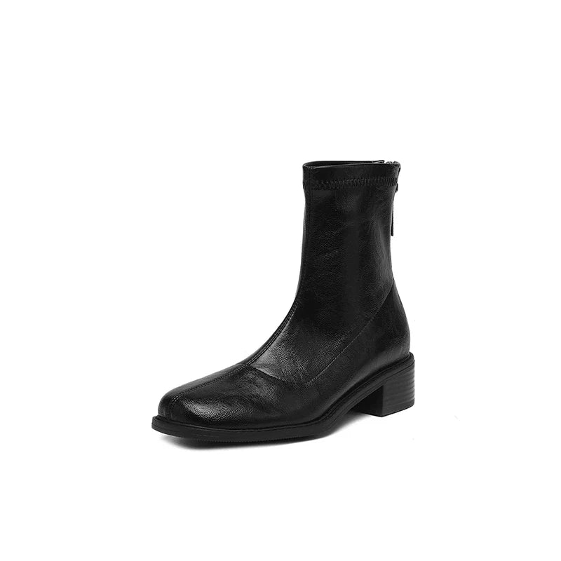 Women's autumn and winter round toe and calf zipper elastic leather retro short Boots