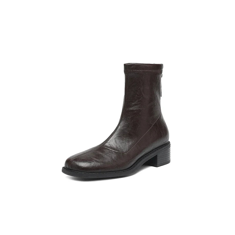 Women's autumn and winter round toe and calf zipper elastic leather retro short Boots