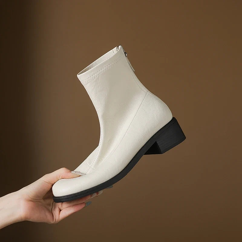 Women's autumn and winter round toe and calf zipper elastic leather retro short Boots
