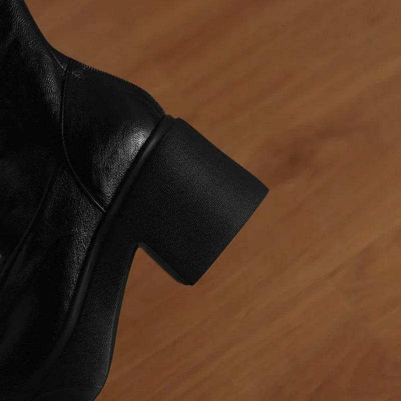 Women's autumn and winter round toe and knee high heels zipper thick sole elastic leather high Boots