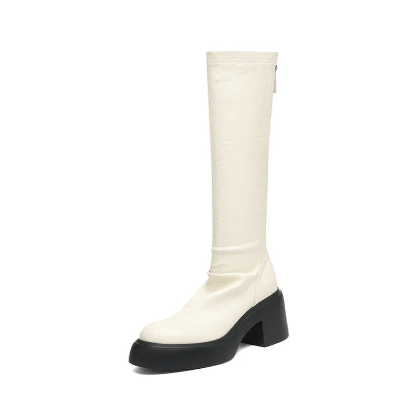 Women's autumn and winter round toe and knee high heels zipper thick sole elastic leather high Boots