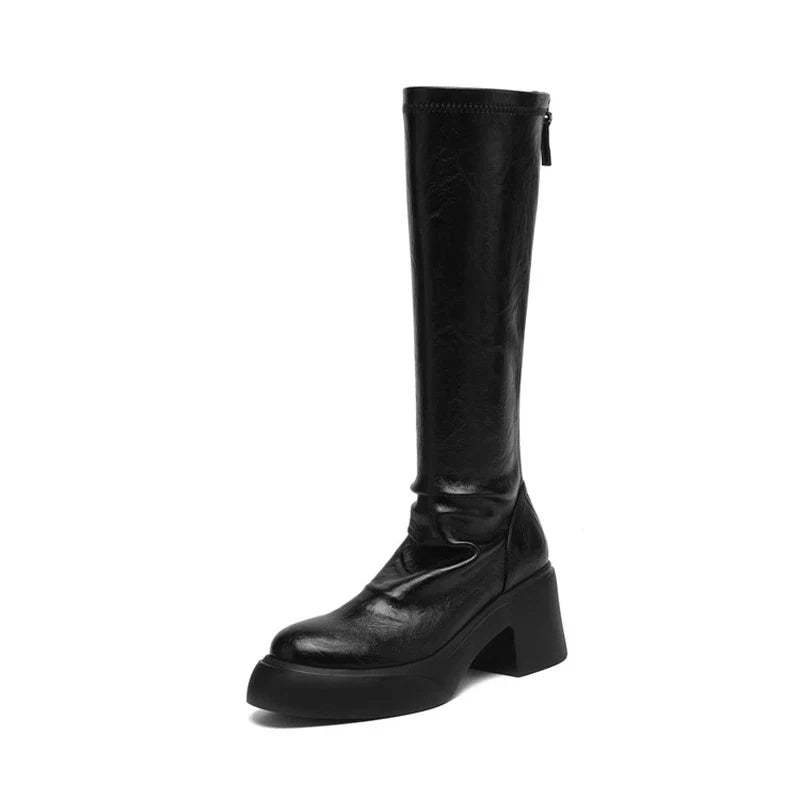 Women's autumn and winter round toe and knee high heels zipper thick sole elastic leather high Boots