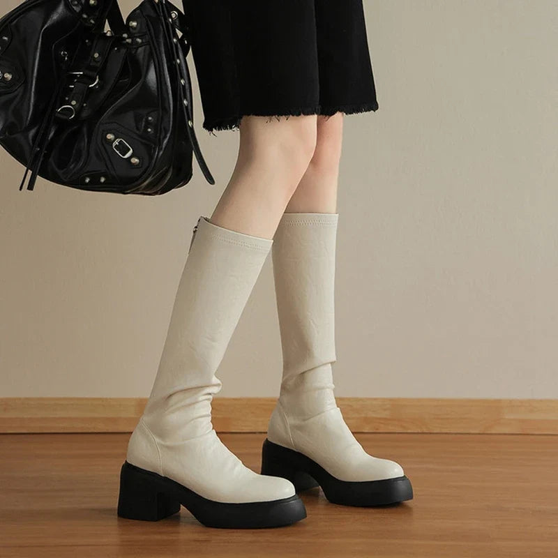 Women's autumn and winter round toe and knee high heels zipper thick sole elastic leather high Boots