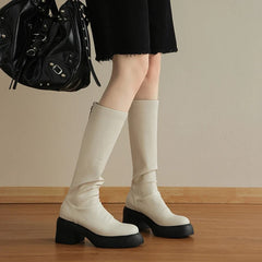 Women's autumn and winter round toe and knee high heels zipper thick sole elastic leather high Boots