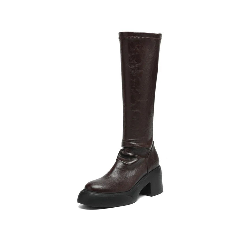 Women's autumn and winter round toe and knee high heels zipper thick sole elastic leather high Boots