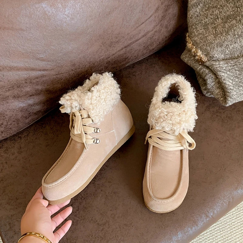 Women's autumn and winter round toe genuine leather cow suede mid heel height increasing lace up wool snow boots