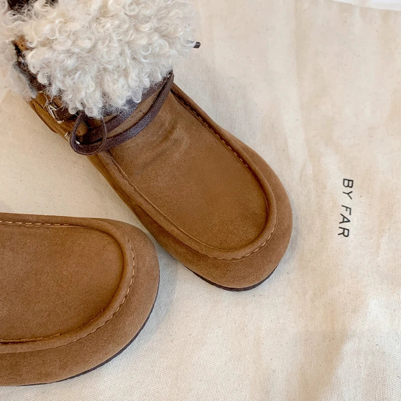 Women's autumn and winter round toe genuine leather cow suede mid heel height increasing lace up wool snow boots