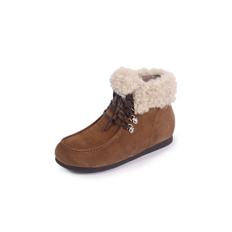 Women's autumn and winter round toe genuine leather cow suede mid heel height increasing lace up wool snow boots