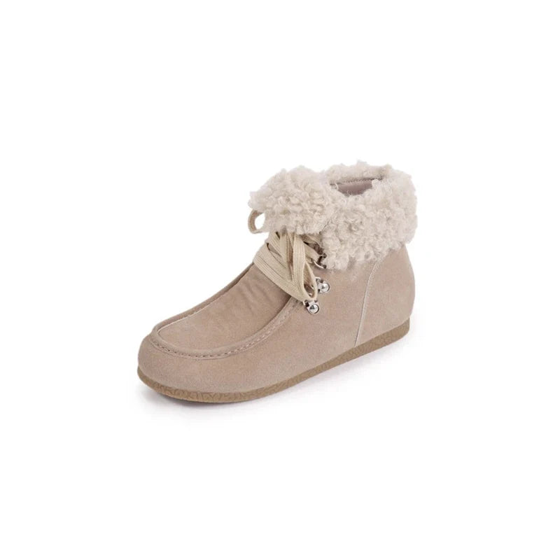Women's autumn and winter round toe genuine leather cow suede mid heel height increasing lace up wool snow boots