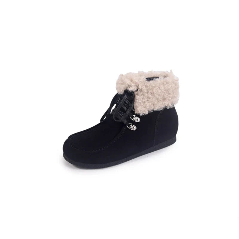 Women's autumn and winter round toe genuine leather cow suede mid heel height increasing lace up wool snow boots