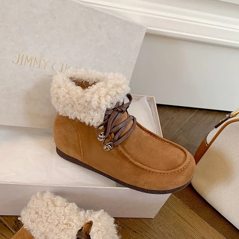 Women's autumn and winter round toe genuine leather cow suede mid heel height increasing lace up wool snow boots