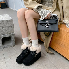 Women's autumn and winter round toe genuine leather cow suede mid heel height increasing lace up wool snow boots