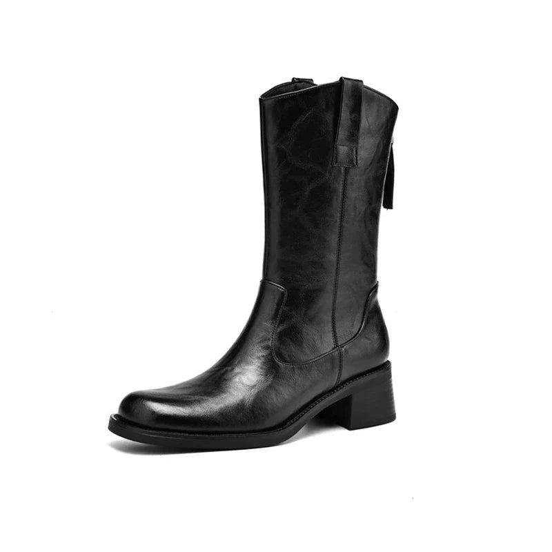 Women's autumn and winter round toe genuine leather cowhide mid heel plus zipper retro and calf western Chelsea short boots