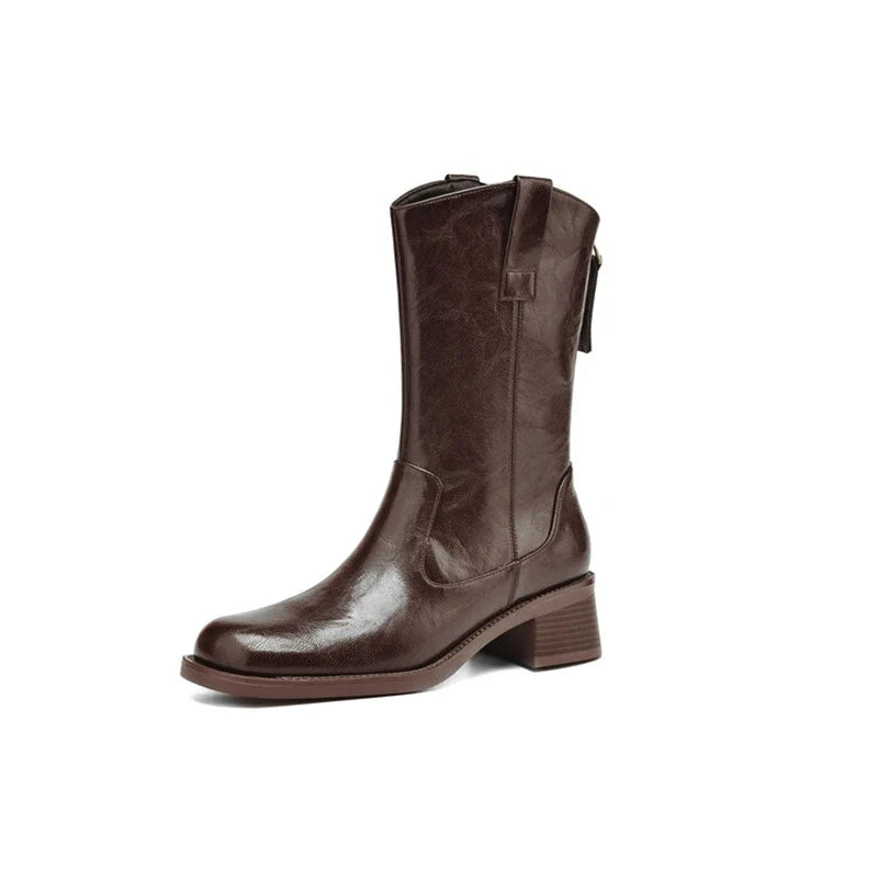 Women's autumn and winter round toe genuine leather cowhide mid heel plus zipper retro and calf western Chelsea short boots