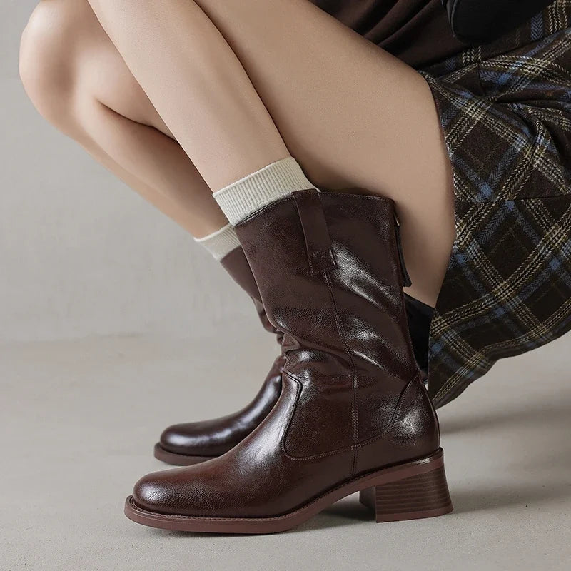 Women's autumn and winter round toe genuine leather cowhide mid heel plus zipper retro and calf western Chelsea short boots