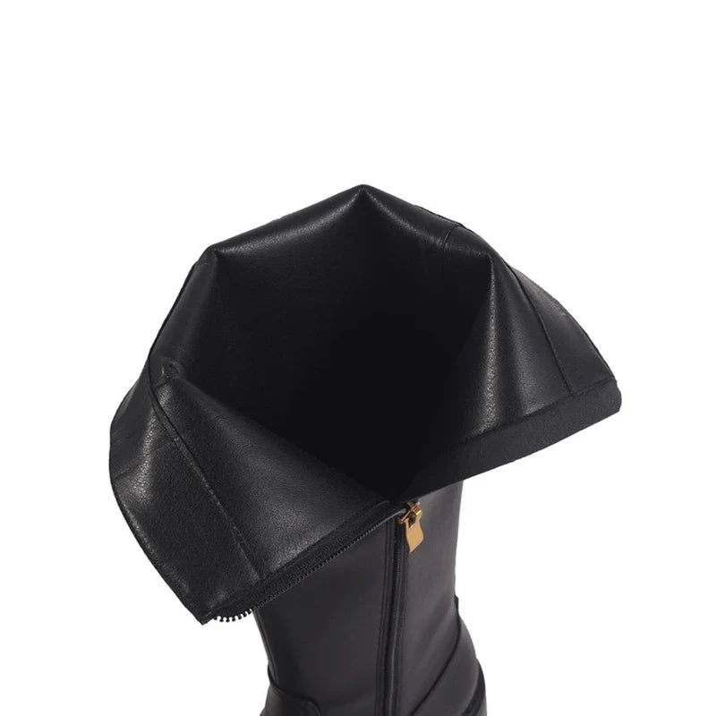 Women's autumn and winter round toe leather cowhide metal accessories zipper mid heel high tube boots