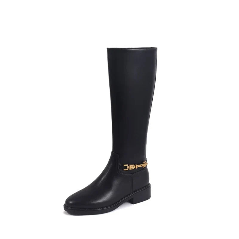 Women's autumn and winter round toe leather cowhide metal accessories zipper mid heel high tube boots