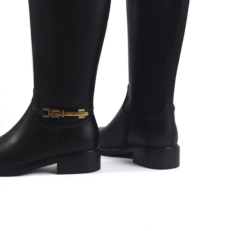 Women's autumn and winter round toe leather cowhide metal accessories zipper mid heel high tube boots