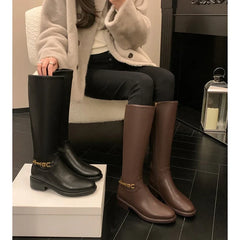Women's autumn and winter round toe leather cowhide metal accessories zipper mid heel high tube boots