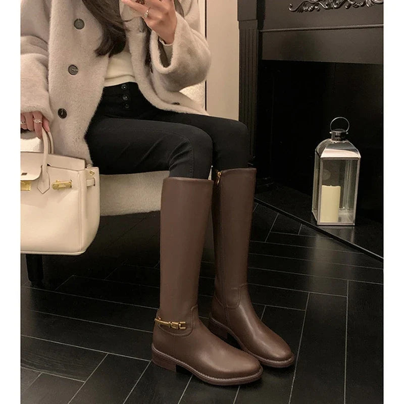 Women's autumn and winter round toe leather cowhide metal accessories zipper mid heel high tube boots