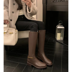 Women's autumn and winter round toe leather cowhide metal accessories zipper mid heel high tube boots