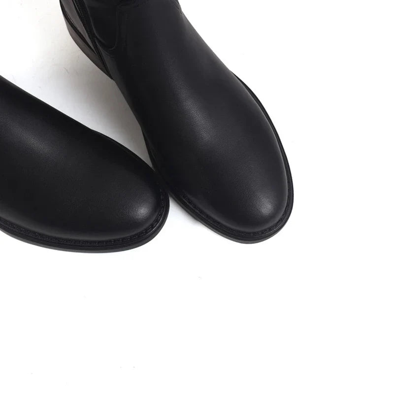 Women's autumn and winter round toe leather cowhide metal accessories zipper mid heel high tube boots
