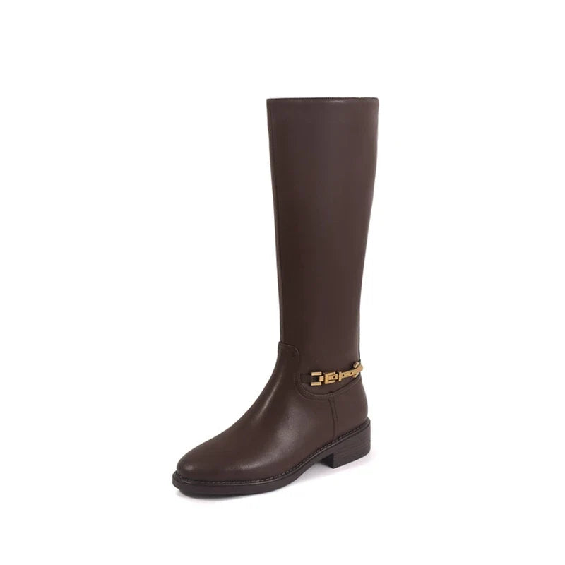 Women's autumn and winter round toe leather cowhide metal accessories zipper mid heel high tube boots