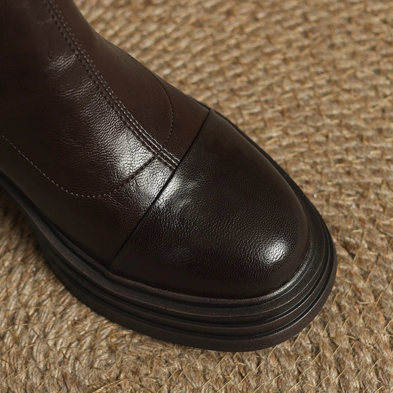 Women's autumn and winter round toe leather thick sole and calf high-heeled plus