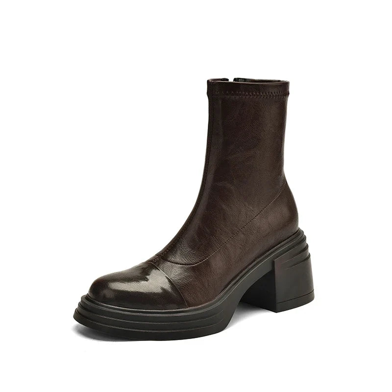 Women's autumn and winter round toe leather thick sole and calf high-heeled plus