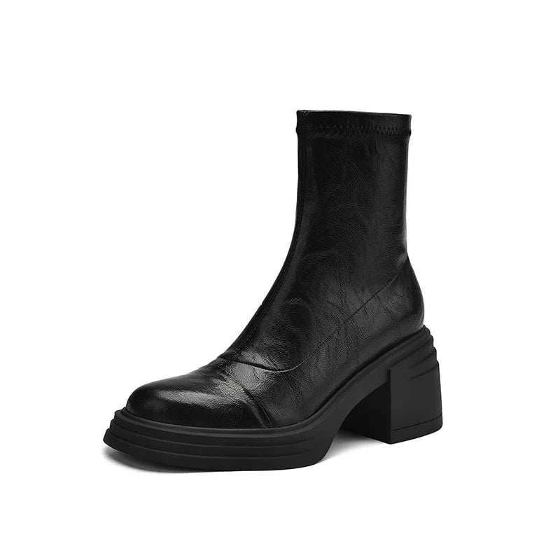 Women's autumn and winter round toe leather thick sole and calf high-heeled plus