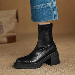 Women's autumn and winter round toe leather thick sole and calf high-heeled plus