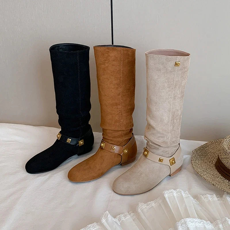Women's autumn and winter round toe suede low heel metal rivet belt buckle and knee high Boots