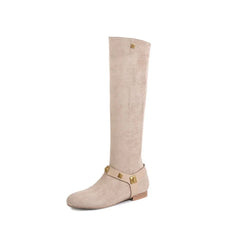 Women's autumn and winter round toe suede low heel metal rivet belt buckle and knee high Boots