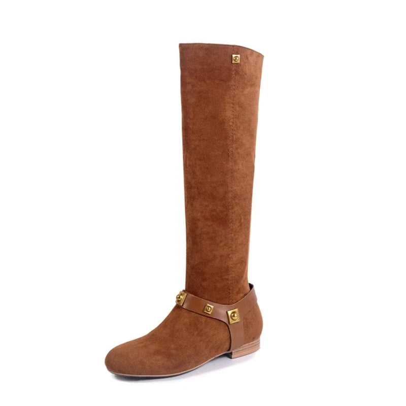 Women's autumn and winter round toe suede low heel metal rivet belt buckle and knee high Boots