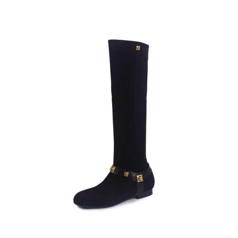 Women's autumn and winter round toe suede low heel metal rivet belt buckle and knee high Boots