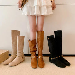 Women's autumn and winter round toe suede low heel metal rivet belt buckle and knee high Boots