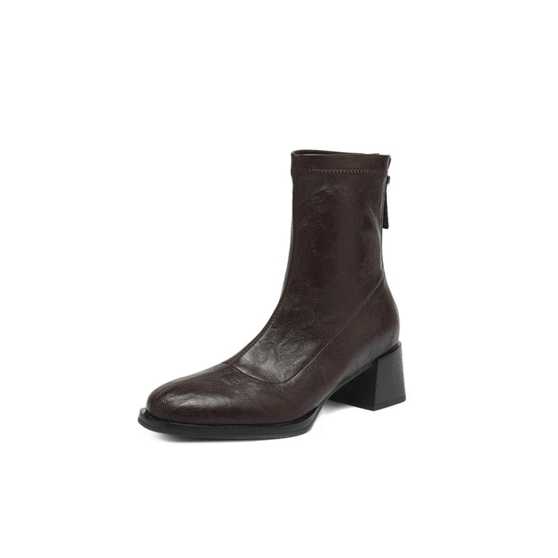 Women's autumn and winter square toe and calf high heel zipper elastic Boots