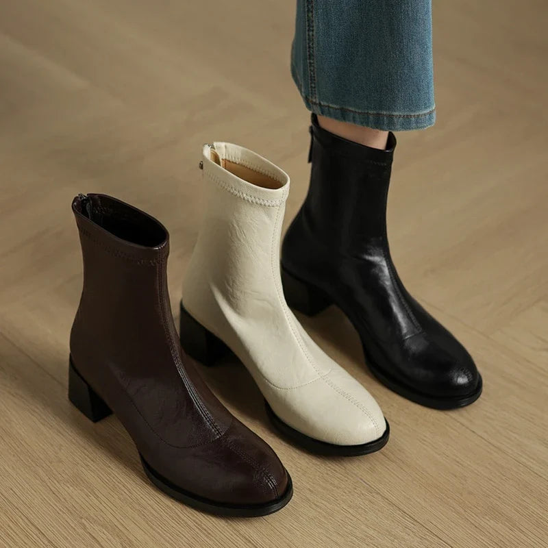 Women's autumn and winter square toe and calf high heel zipper elastic Boots