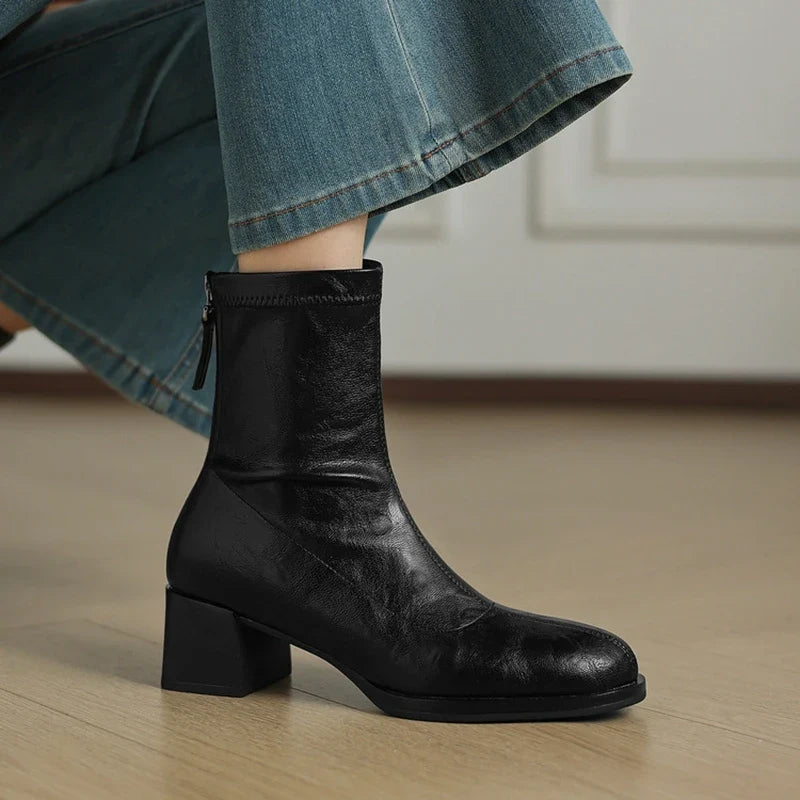 Women's autumn and winter square toe and calf high heel zipper elastic Boots