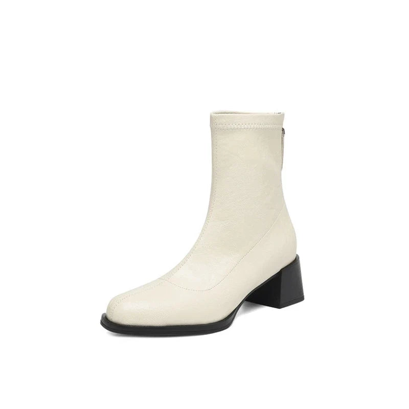 Women's autumn and winter square toe and calf high heel zipper elastic Boots
