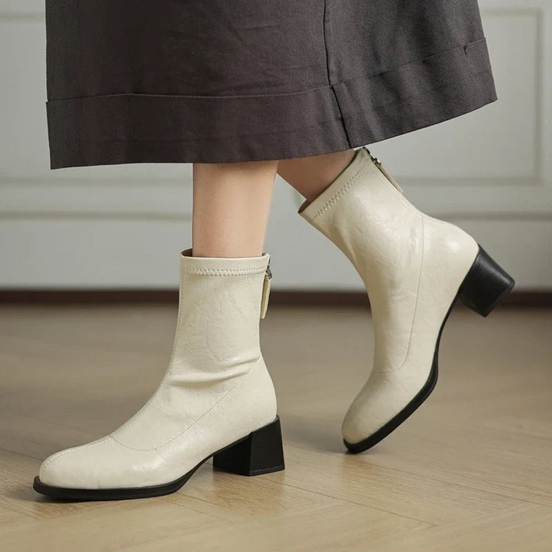Women's autumn and winter square toe and calf high heel zipper elastic Boots