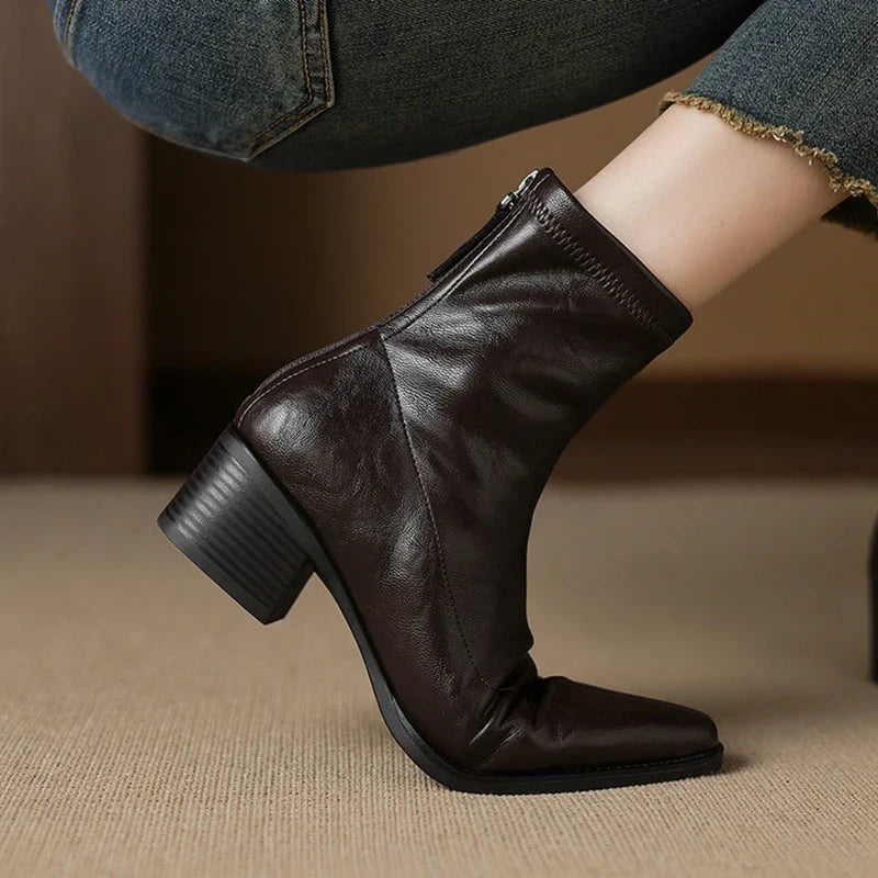 Women's autumn and winter square toe and calf high heel zipper elastic leather retro short Boots